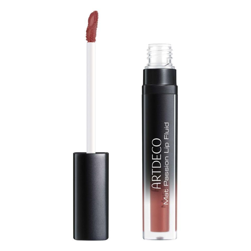 ARTDECO Mat Passion Lip Fluid in einem transparenten Behälter mit schwarzem Deckel und Applikator.