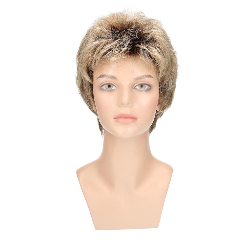 Perücke Peggy, hellblond mit dunklem Ansatz, auf einem Schaufensterkopf. Frontalansicht.