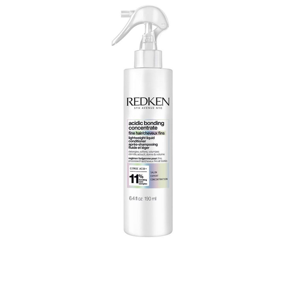 Weiße Sprühflasche mit Redken-Logo und Produktbezeichnung. Enthält 190 ml. Acidic Bonding Concentrate, für feines Haar.