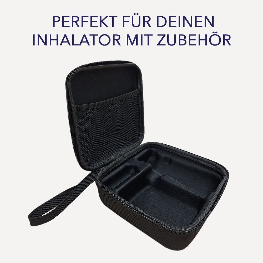 Schwarzes, offenes Etui mit Reißverschluss und Trageschlaufe. Innenfächer für Zubehör. Aufschrift: PERFEKT FÜR DEINEN INHALATOR MIT ZUBEHÖR.