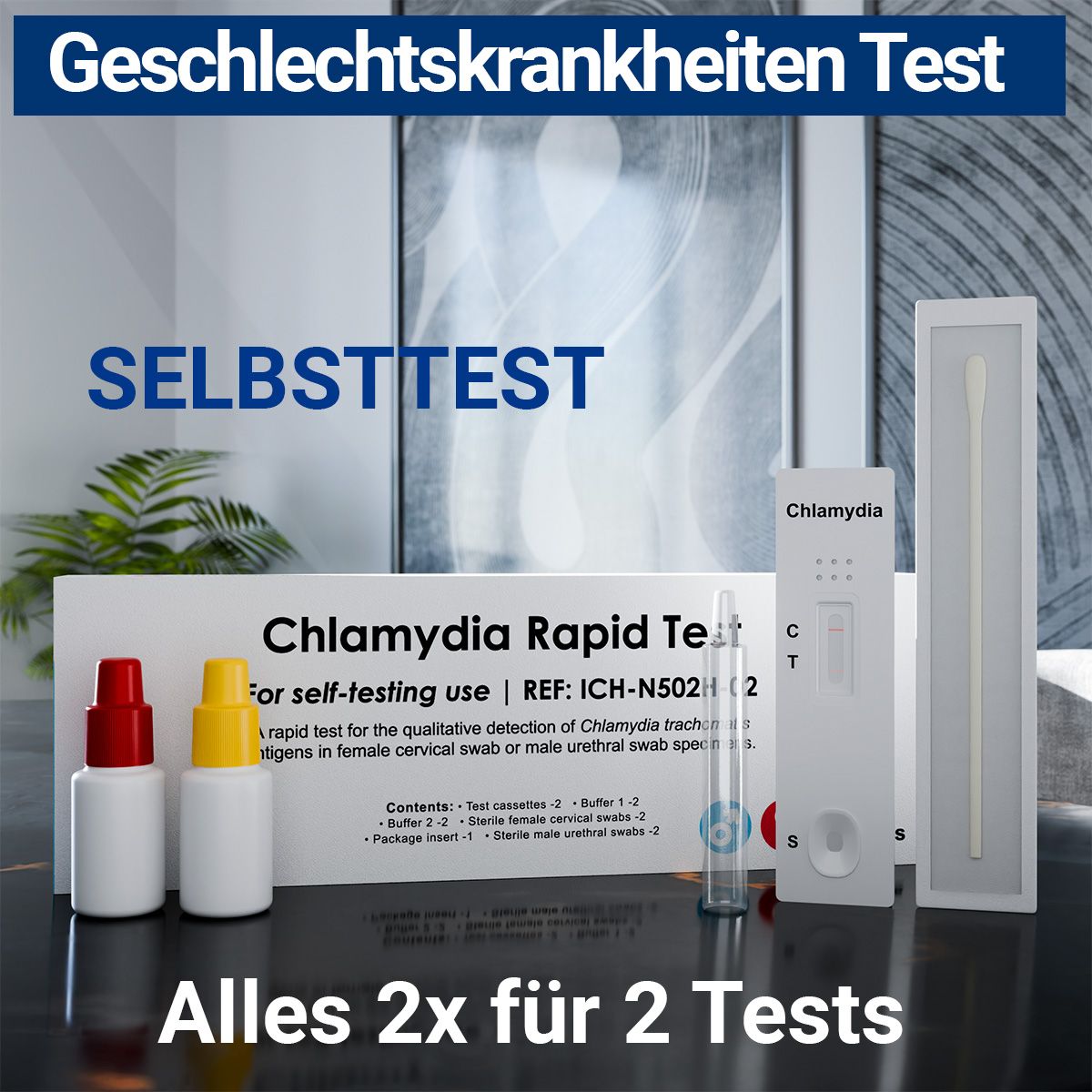 Verpackung mit Chlamydien-Schnelltest, zwei Fläschchen, Testkassette und Abstrichtupfer. Für Selbsttest. Enthält 2 Tests.