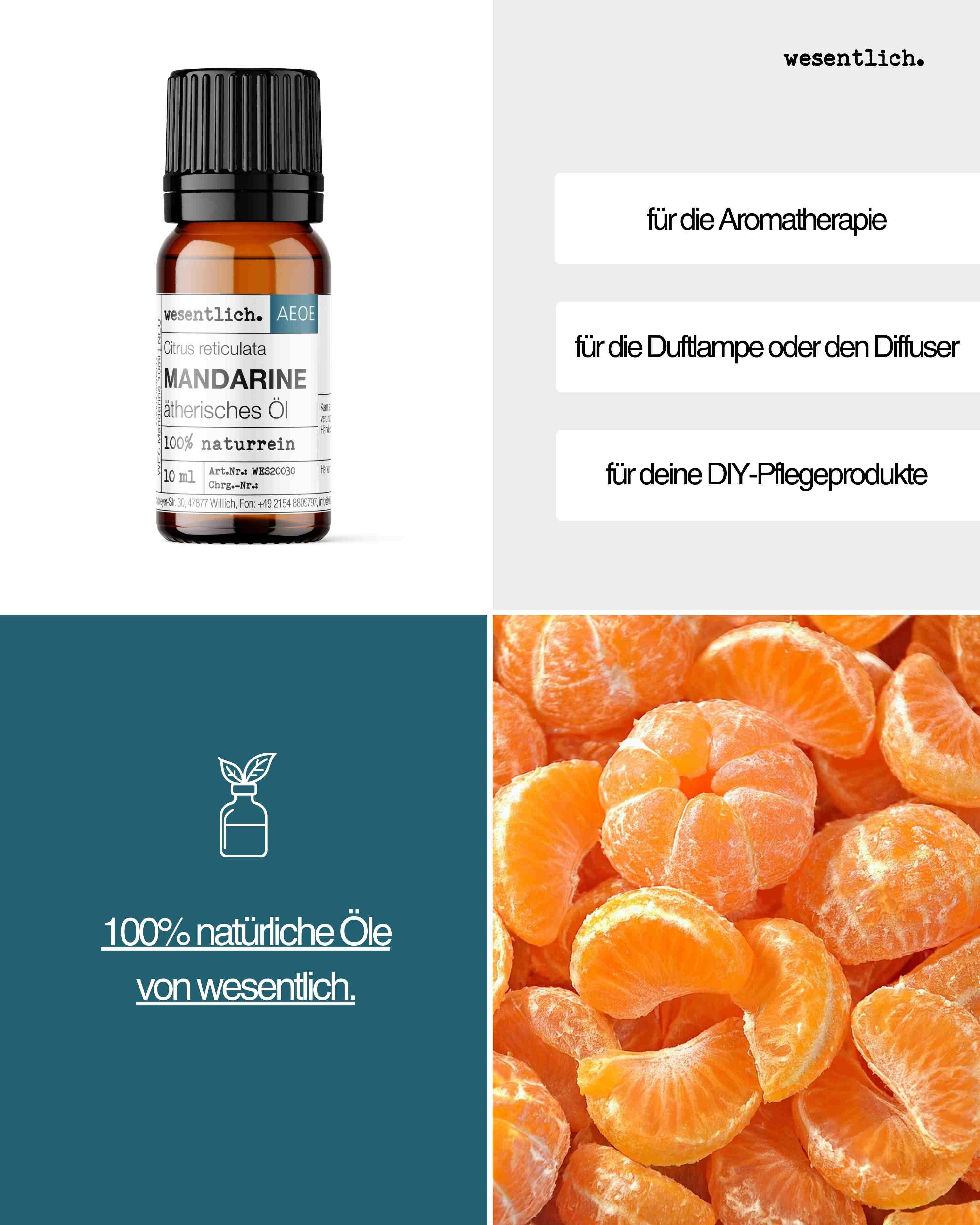 Flasche Mandarine ätherisches Öl neben Textfeldern: Aromatherapie, Duftlampe, DIY-Pflegeprodukte.