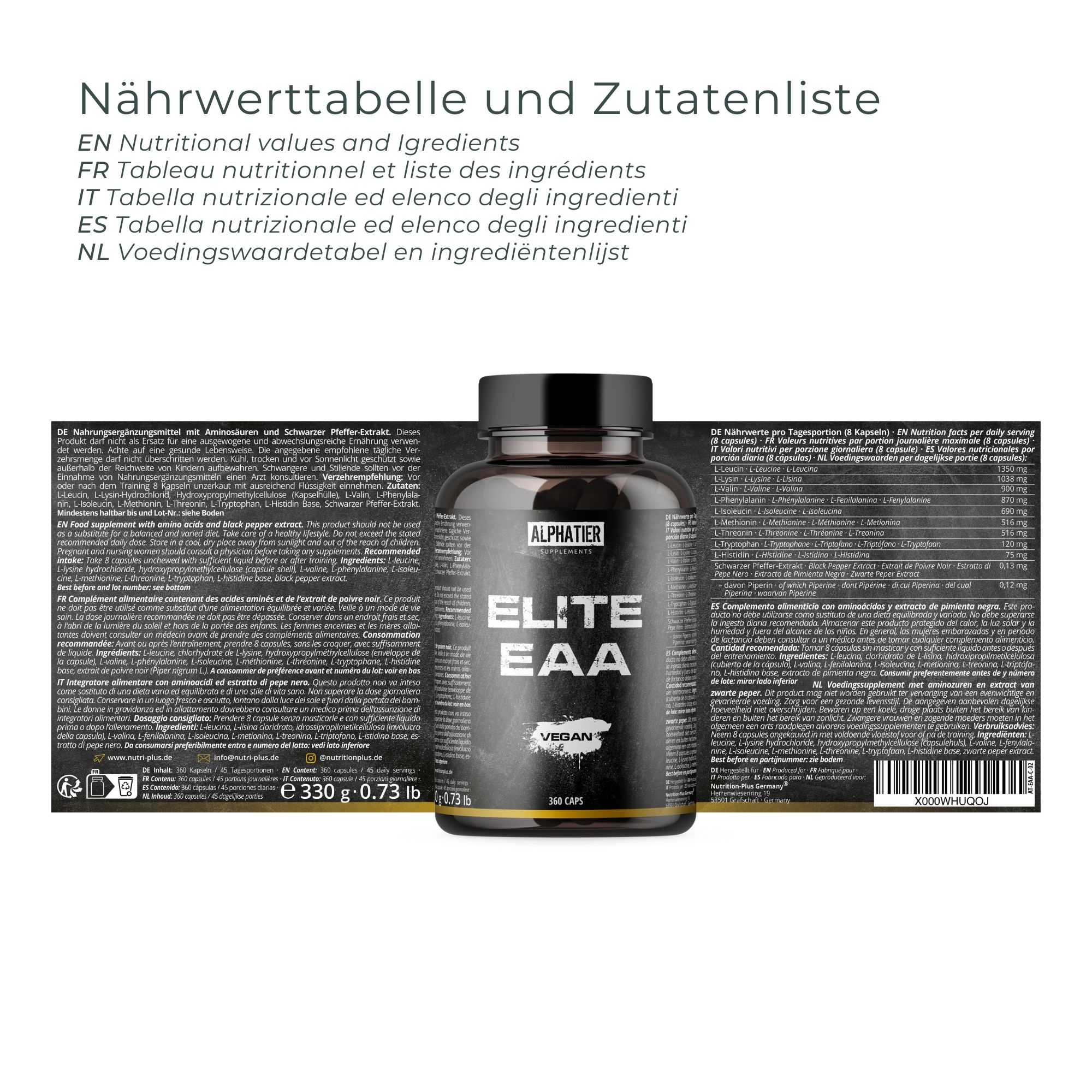 Nährwerttabelle und Zutatenliste. Text in Englisch, Französisch, Italienisch, Spanisch und Niederländisch. Flasche im Hintergrund.
