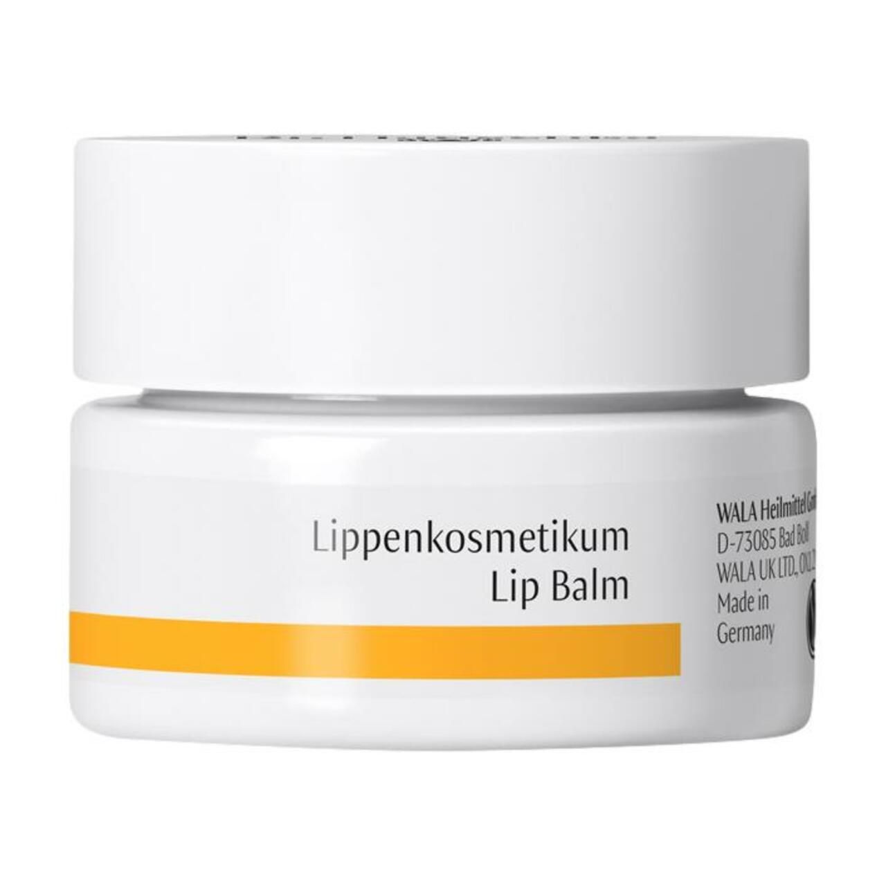 Weißer Tiegel mit Lippenkosmetikum. Aufschrift: Lippenkosmetikum, Lip Balm. Gelber Streifen. Herstellerinformationen.