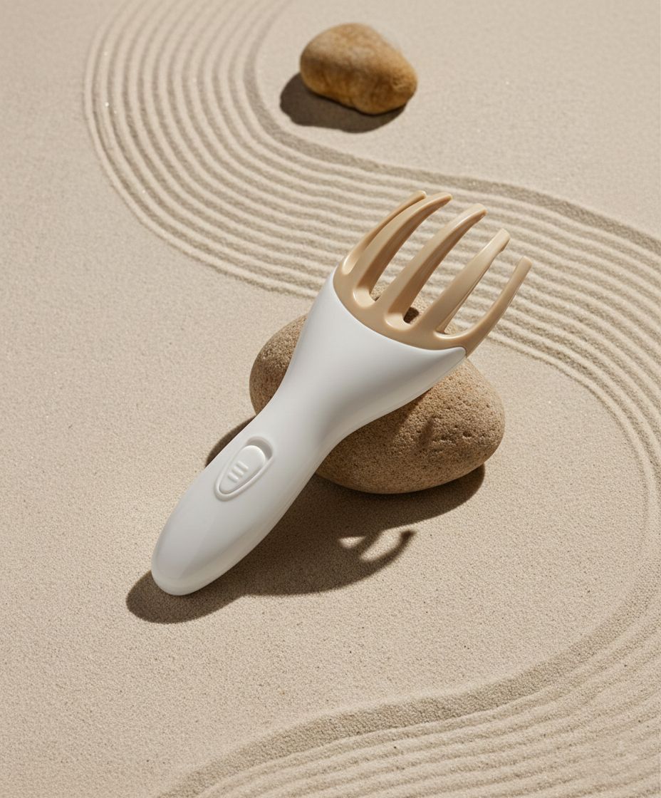 Elektronisches Kopfhautmassagegerät mit weißem Griff und beige Zinken, auf einem Stein liegend.