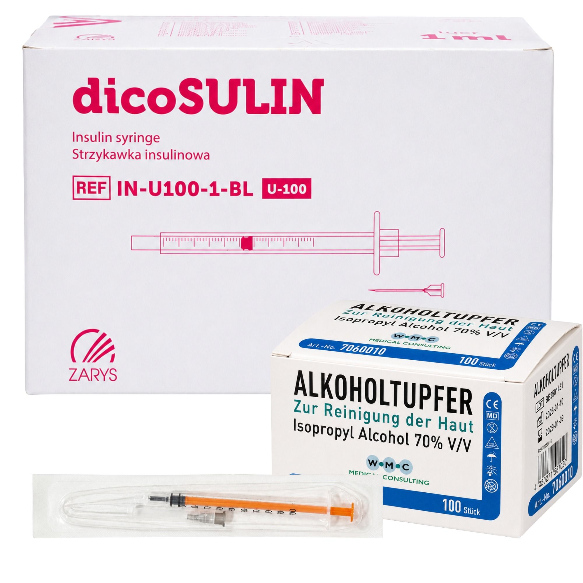 dicoSULIN U-100 Insulinspritze mit WMC Alkoholtupfern 100 St Spritzen