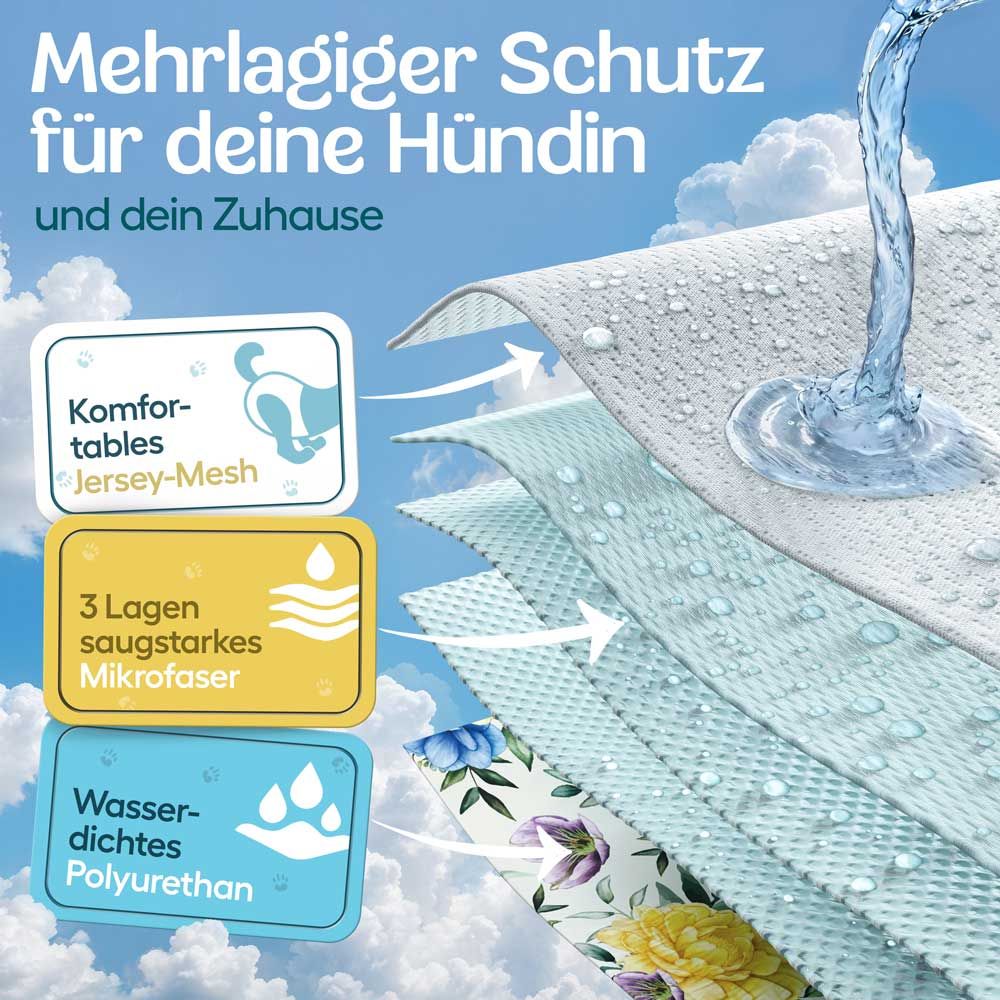 Mehrlagiger Schutz für Hündin. Jersey-Mesh, 3 Lagen Mikrofasern, wasserdichtes Polyurethan.