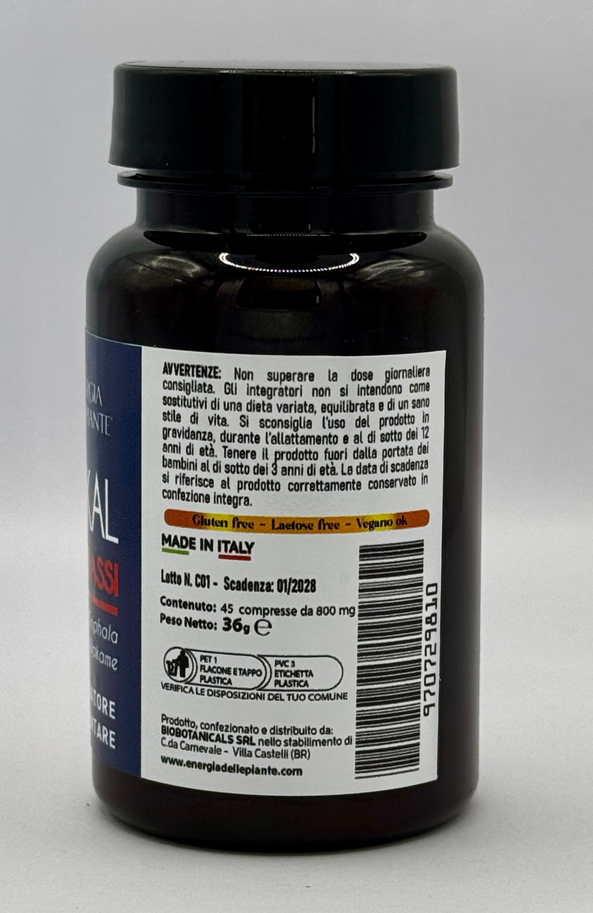 Braune Tablettenflasche mit schwarzem Deckel. Rückseite mit Etikett. Text: Glutenfrei, Laktosefrei, Vegan ok. Inhaltsstoffe und Herstellerangaben.