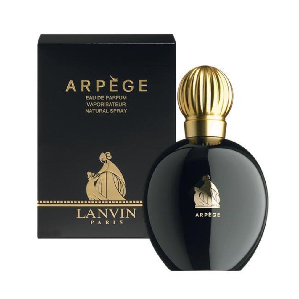 Schwarzer Flakon mit goldfarbenem Verschluss und Verpackung. Aufschrift: Arpège, Eau de Parfum, Natural Spray. Marke: Lanvin Paris, 100 ml.