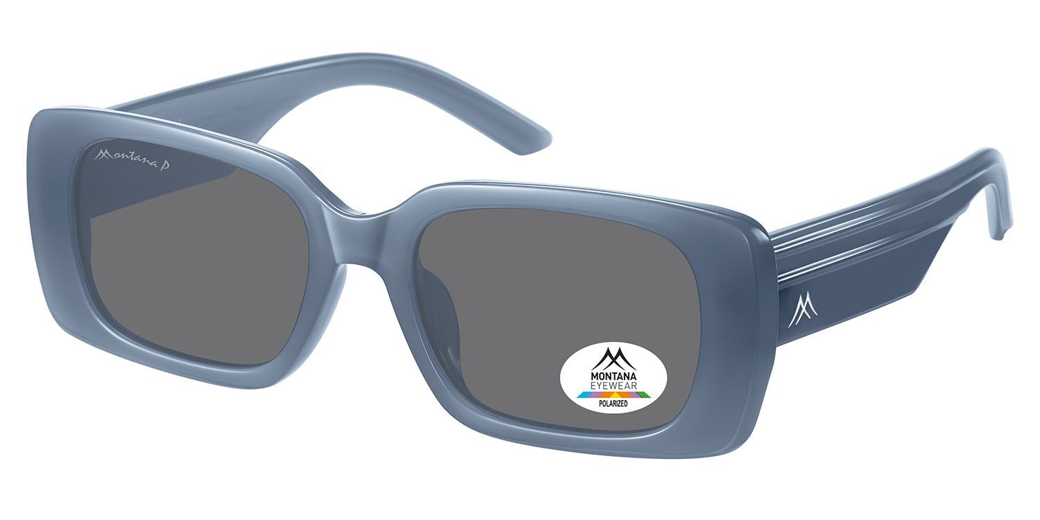 Blaue Sonnenbrille mit rechteckigen Gläsern. Montana Eyewear Logo und Polarisations-Aufkleber. Bügel mit Logo.