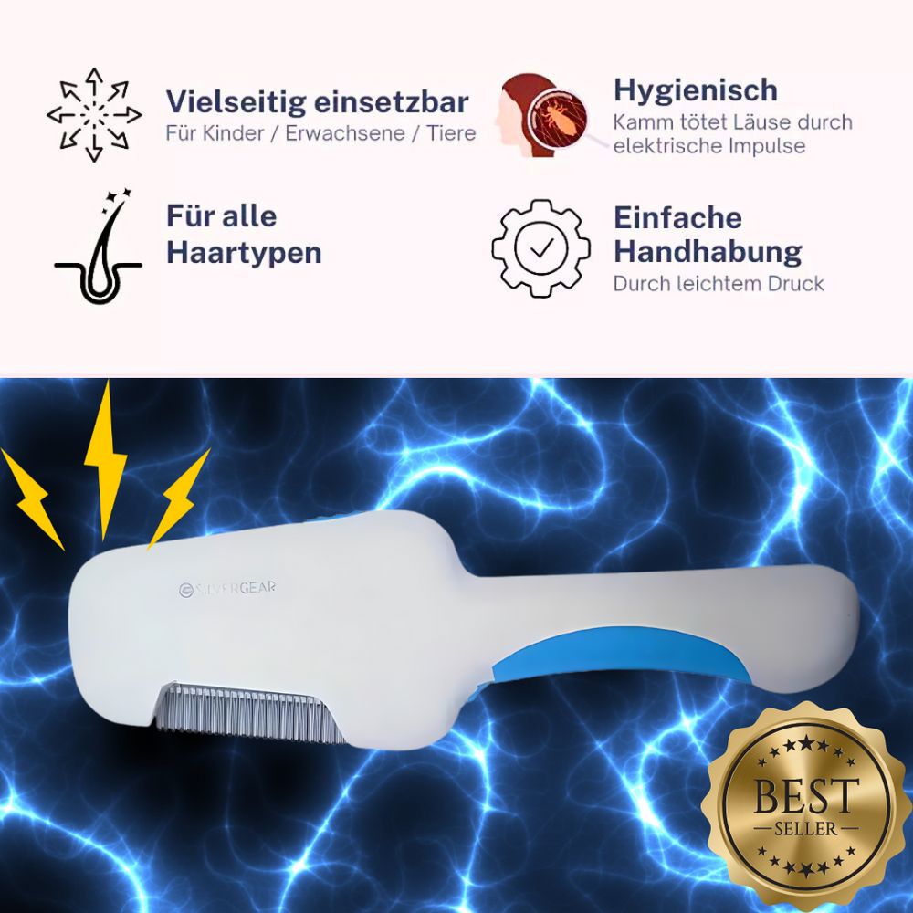 Silvergear Elektrischer Läusekamm. Weiß-blauer Kamm mit Metallzähnen. Aufschrift: "BEST SELLER". Text mit Anwendungsbereichen.