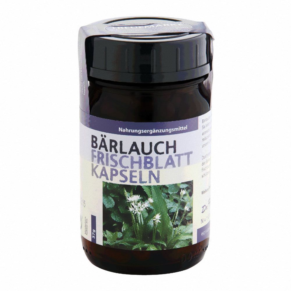 Braune Glasflasche mit schwarzem Deckel. Aufschrift: Bärlauch Frischblatt Kapseln. Abbildung von Bärlauchpflanzen.