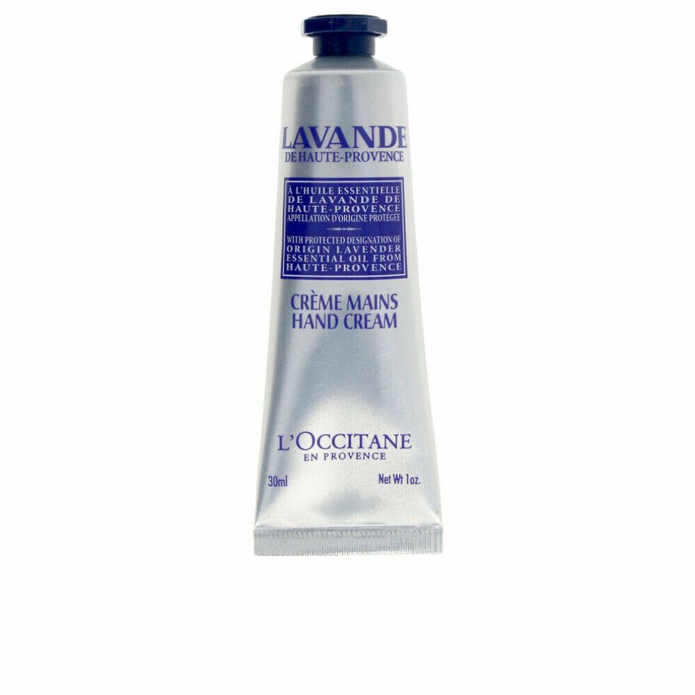 Silberne Tube mit schwarzem Deckel. Aufschrift: Lavande, Crème Mains Hand Cream, L'Occitane. 30ml.