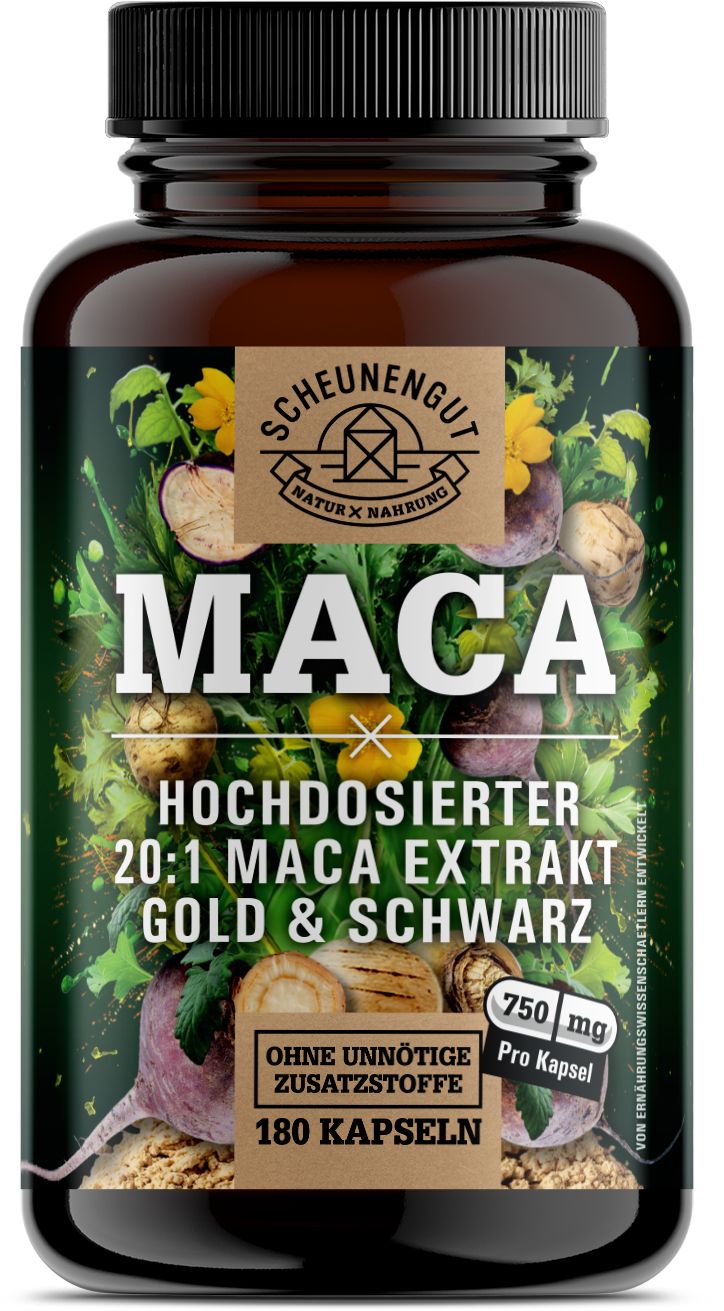 Braune Flasche mit Kapseln. Aufschrift: MACA, 20:1 Extrakt, Gold & Schwarz. Zusätzliche Informationen und Logo.