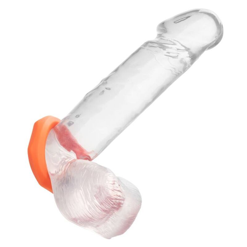 Transparenter Penis mit orangefarbenem Ring am Ansatz.