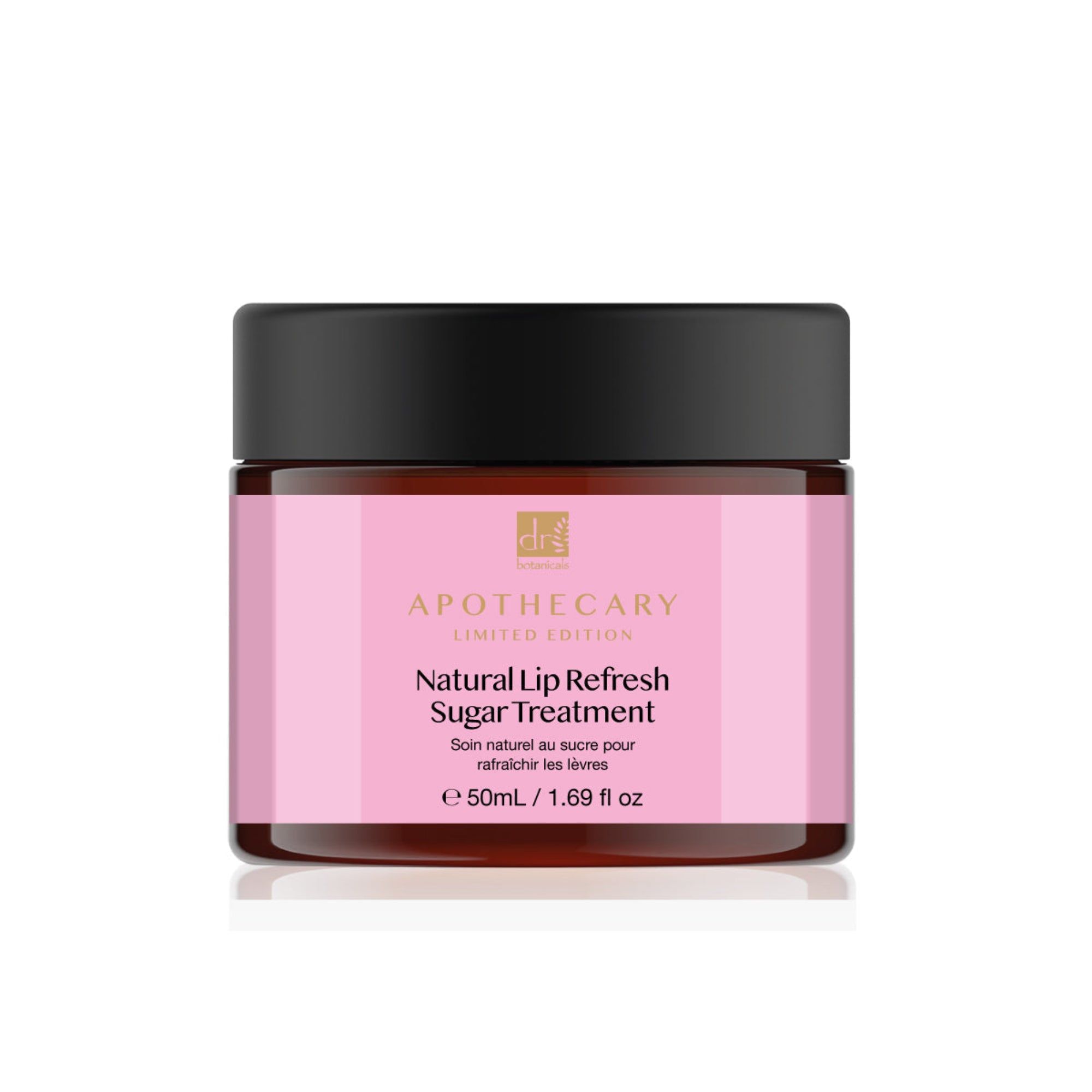 Rosafarbenes Glas mit schwarzem Deckel. Aufschrift: Natural Lip Refresh Sugar Treatment. Apothecary Limited Edition.