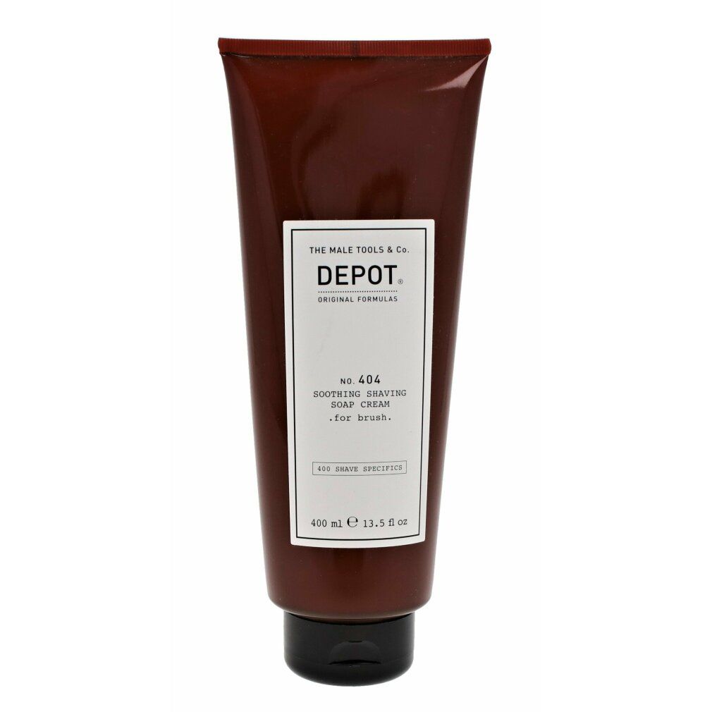 Braune Tube mit schwarzem Deckel. Weißes Etikett mit Text: DEPOT, No. 404 Soothing Shaving Soap Cream. Volumen: 400 ml.