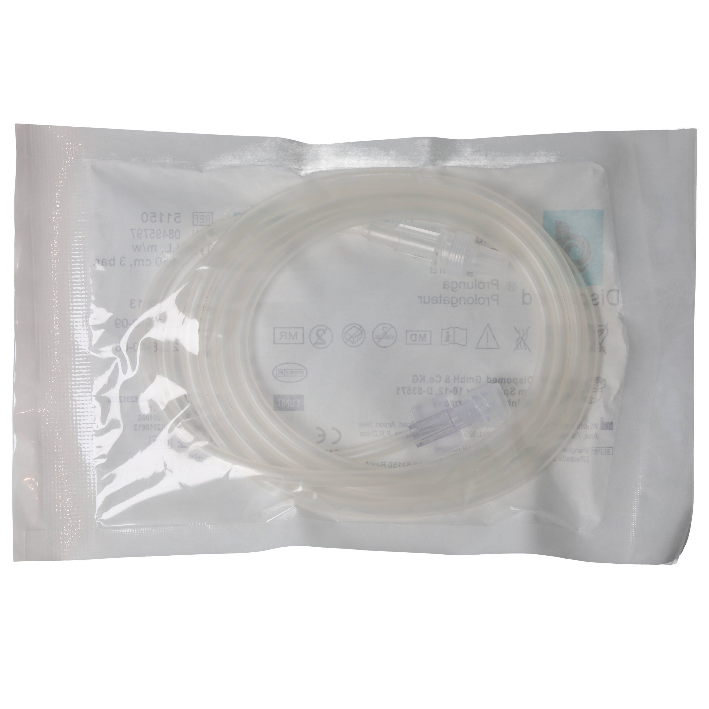 Verlängerungsschlauch in steriler Verpackung. Der transparente Schlauch ist in einer transparenten Folie eingeschweißt.