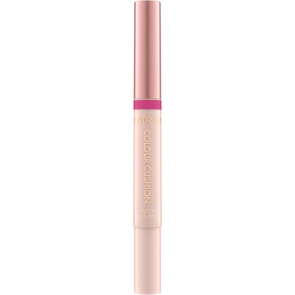 Ein Lippenöl-Applikator mit roségoldfarbenem Deckel und hellrosa Schaft. Beschriftung: "CATRICE COLOUR CUSHION JUICY LIP OIL".