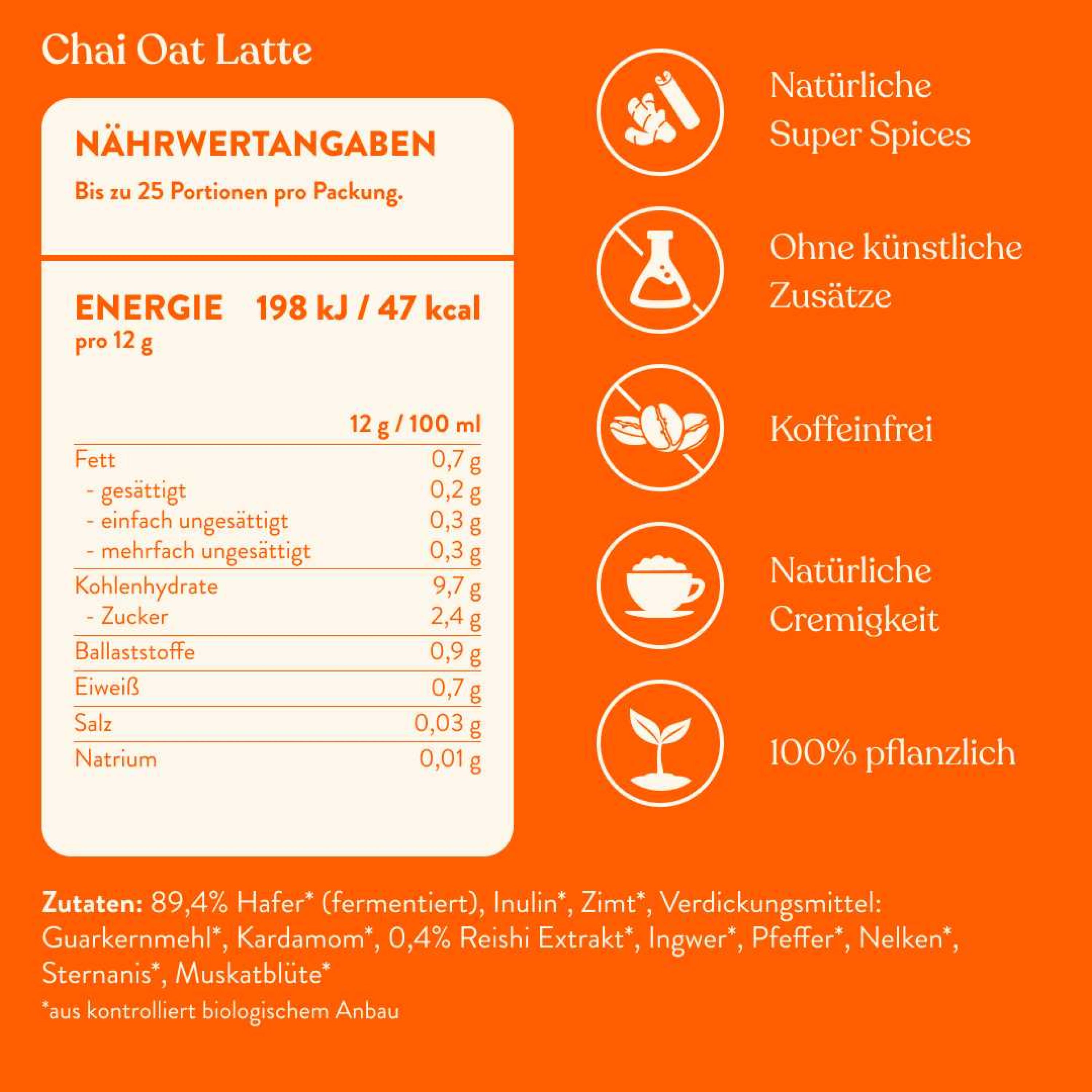 Nährwertangaben für Chai Oat Latte. Energie pro 12g: 198 kJ/47 kcal. Zutatenliste und weitere Informationen.