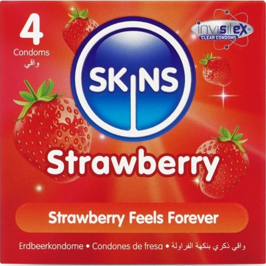 Verpackung mit 4 Kondomen. Marke SKINS, Sorte Strawberry. Erdbeeren-Illustrationen. Text: Strawberry Feels Forever.