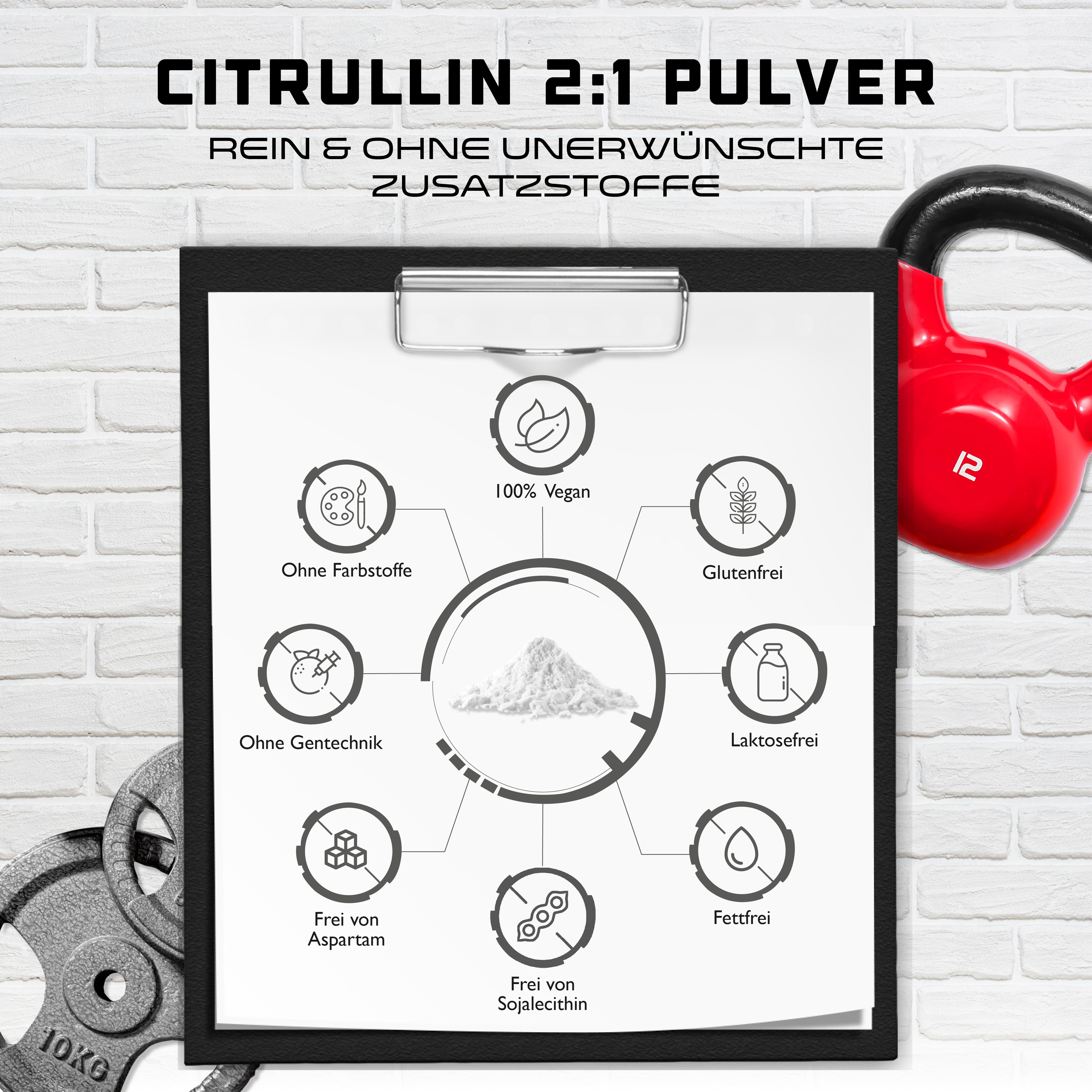 Tafel mit Symbolen, die die Eigenschaften von L-Citrullin 2:1 hervorheben: vegan, glutenfrei, laktosefrei, ohne Zusätze.