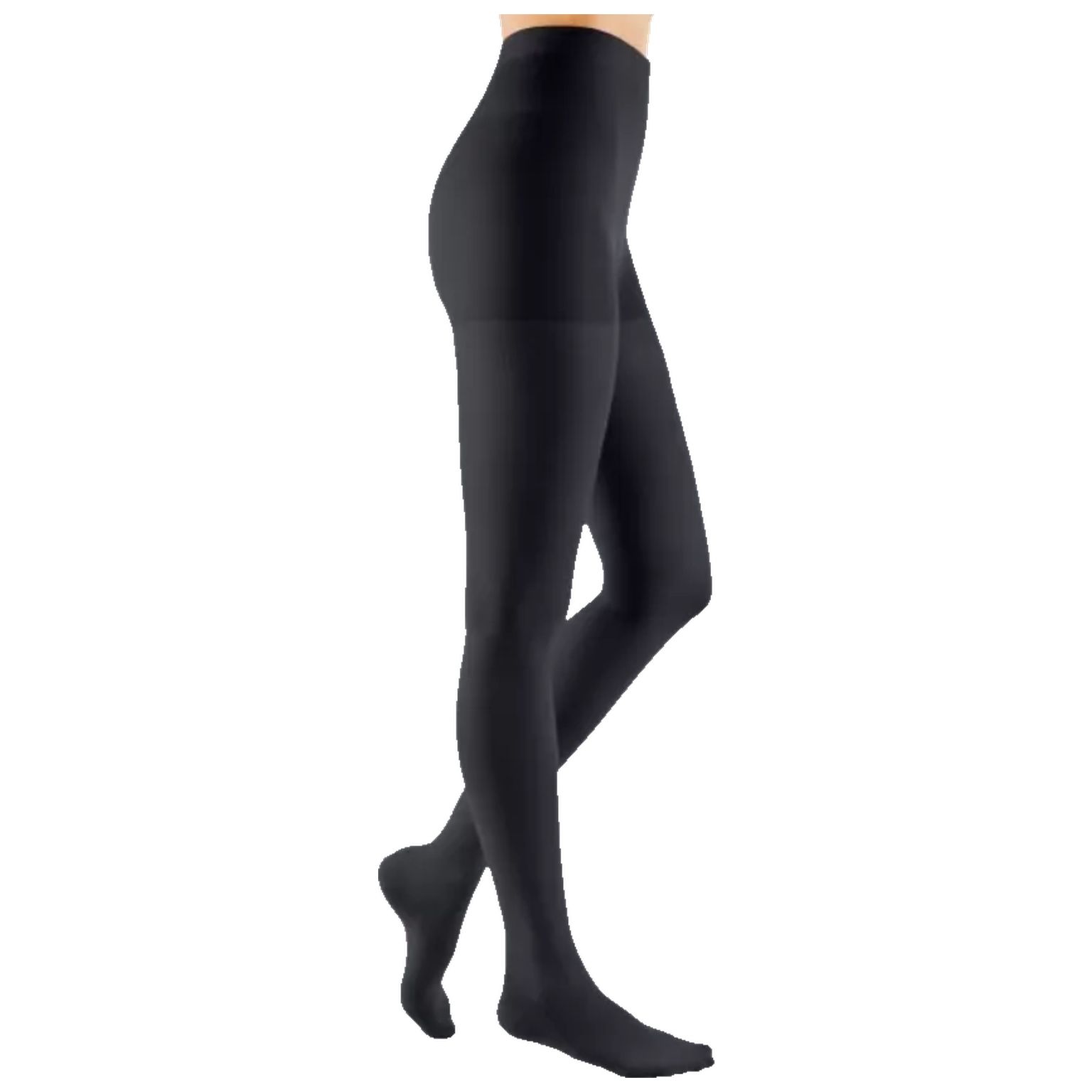 Schwarze Kompressionsstrumpfhose. Blick von der Seite, die Beine sind zu sehen.