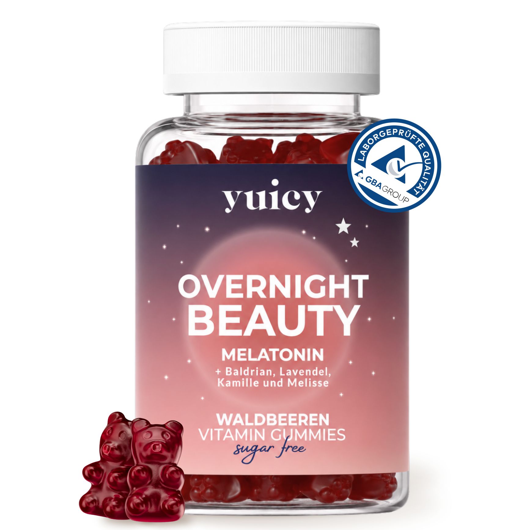 Ein Glas mit Gummibärchen. Auf dem Etikett steht „Overnight Beauty“ und das „yuicy“ Logo. Mit Qualitätszeichen.