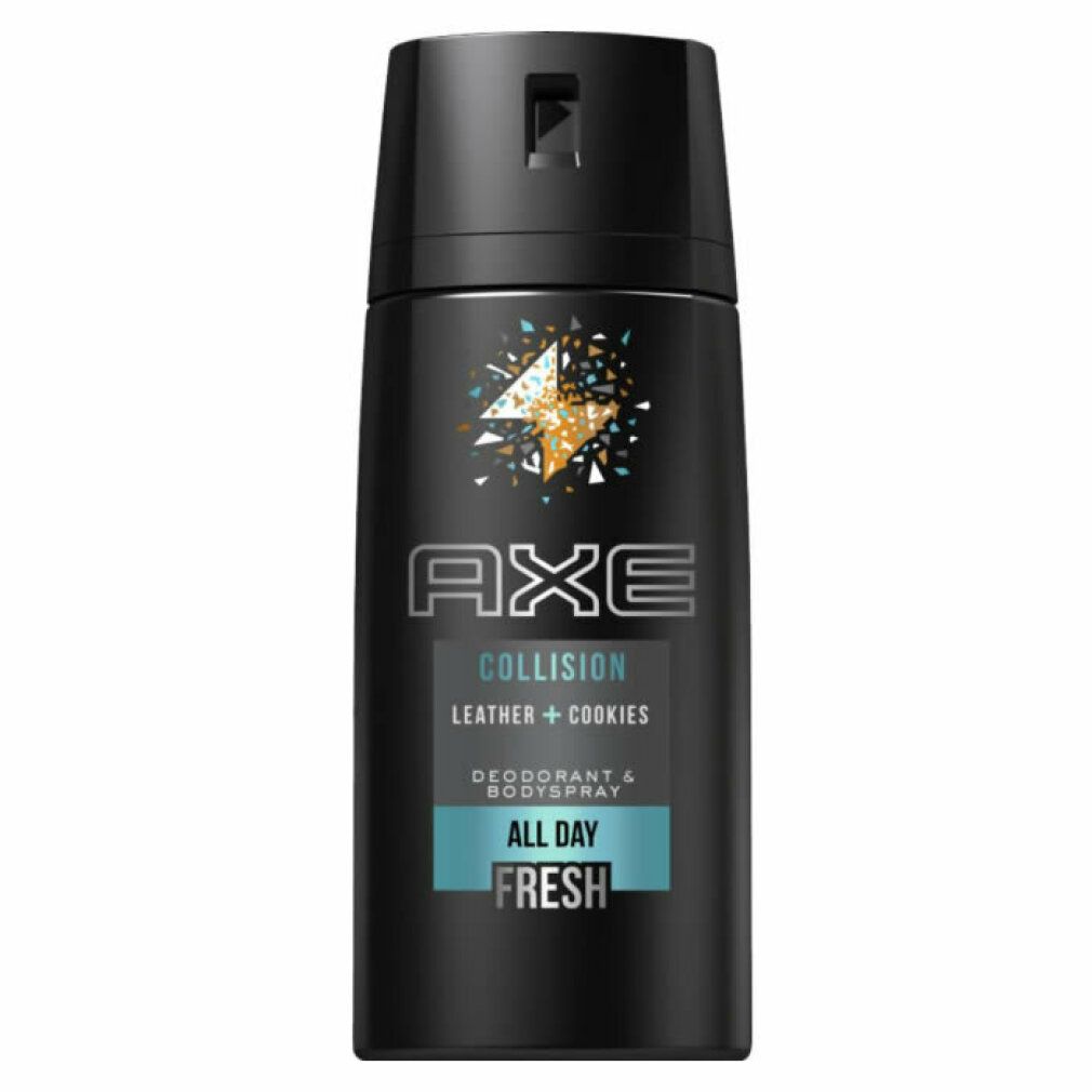 Axe Kollision Deodorant-Bodyspray. Schwarz, mit türkisfarbenen Akzenten. Text: "All Day Fresh".