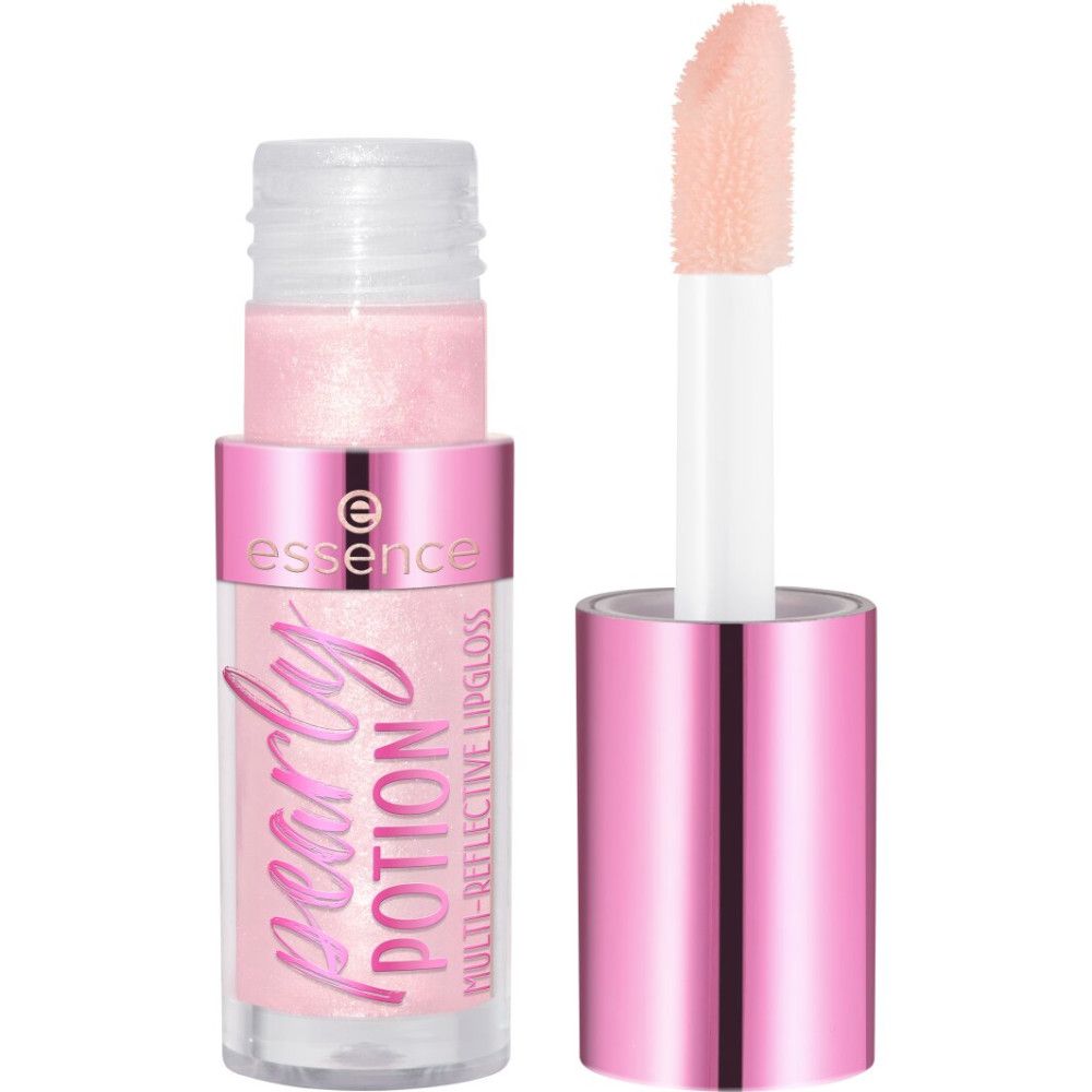 Essence Pearly Potion Lipgloss, geöffnet. Rosa Tube, rosa Deckel, Applikator. Produktname und Marke sichtbar.