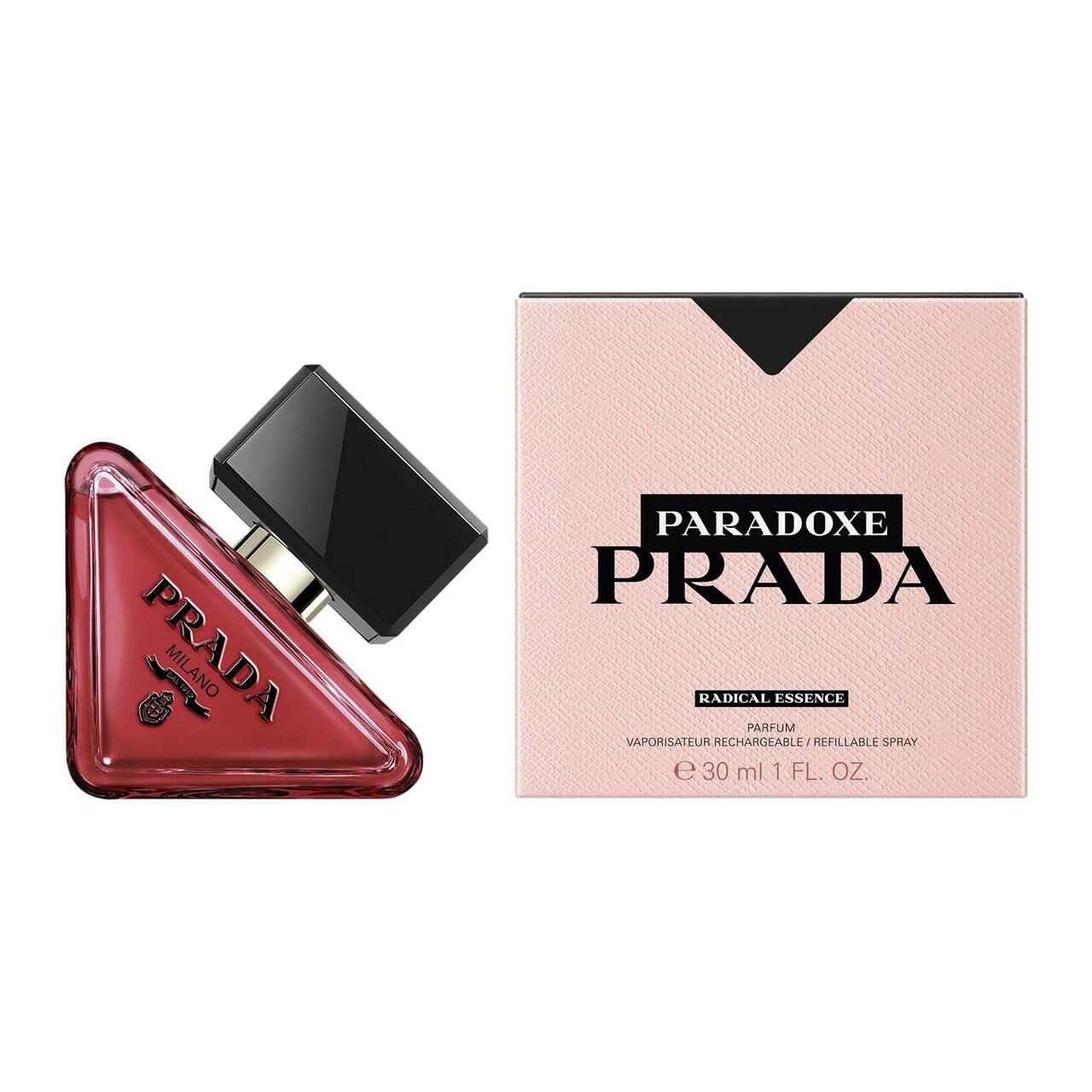 Roter Flakon und Verpackung. Verpackung mit Prada Paradoxe-Logo. Flakon mit schwarzem Deckel.