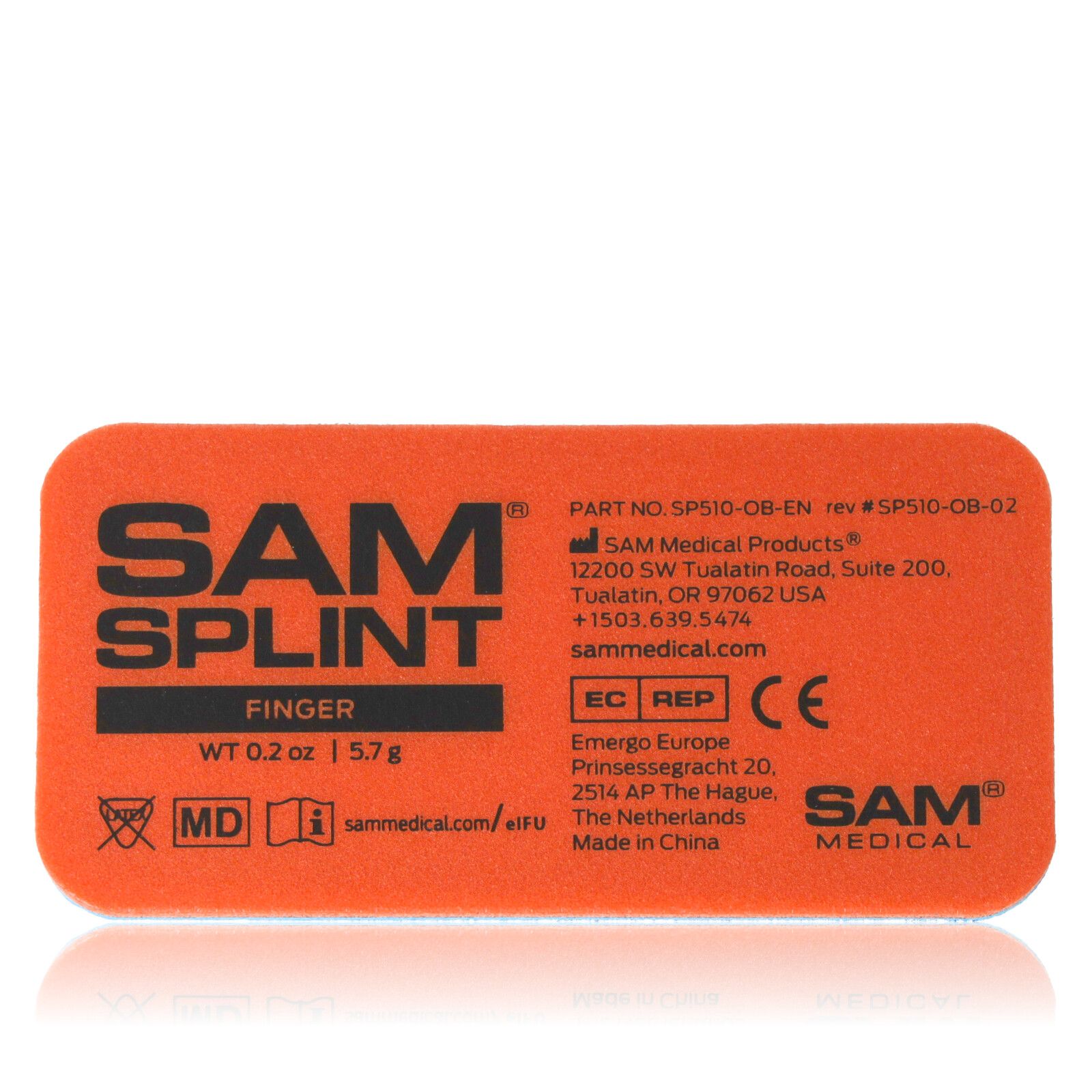 Orangefarbene SAM Splint Fingerschiene. Text: SAM SPLINT FINGER, 9 x 4,5cm, Gewicht 5,7g. Herstellerinformationen und CE-Kennzeichnung.
