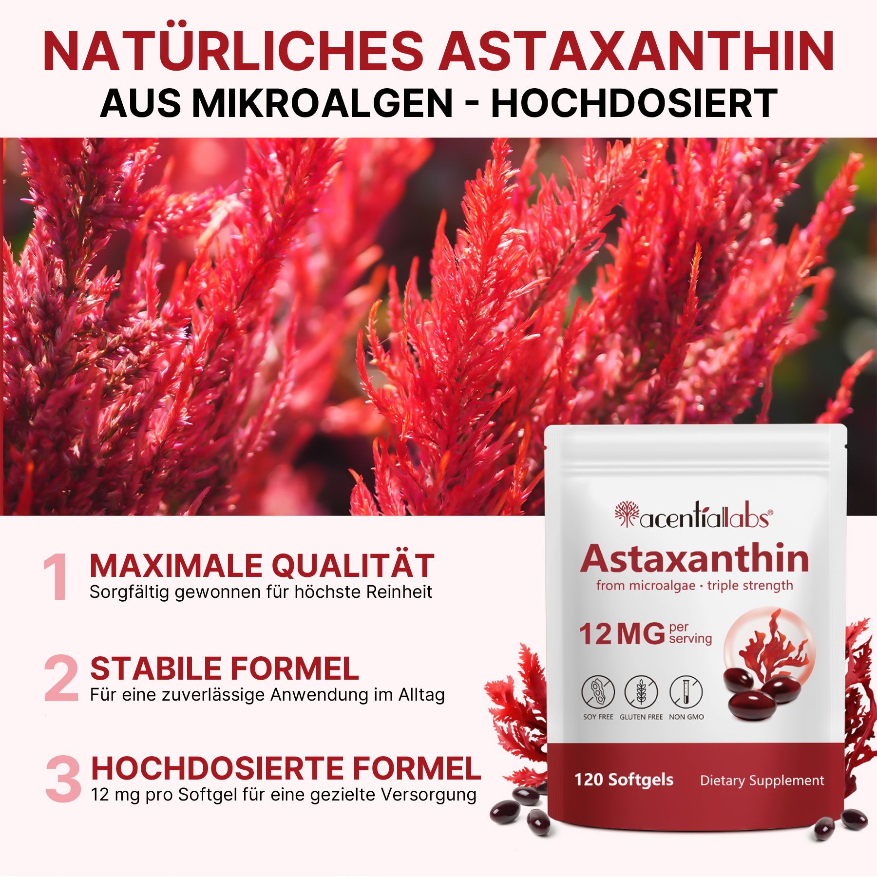Aliver Astaxanthin Hochdosiert Antioxidans für Immunsystem mit Algenextrakt