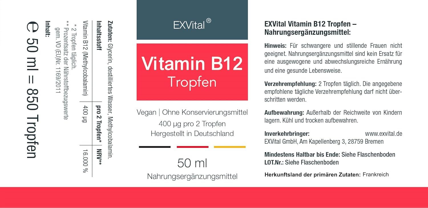 Etikett einer 50 ml Flasche Vitamin B12 Tropfen. Enthält 850 Tropfen. Angaben zu Inhaltsstoffen, Dosierung, Haltbarkeit und Hersteller.