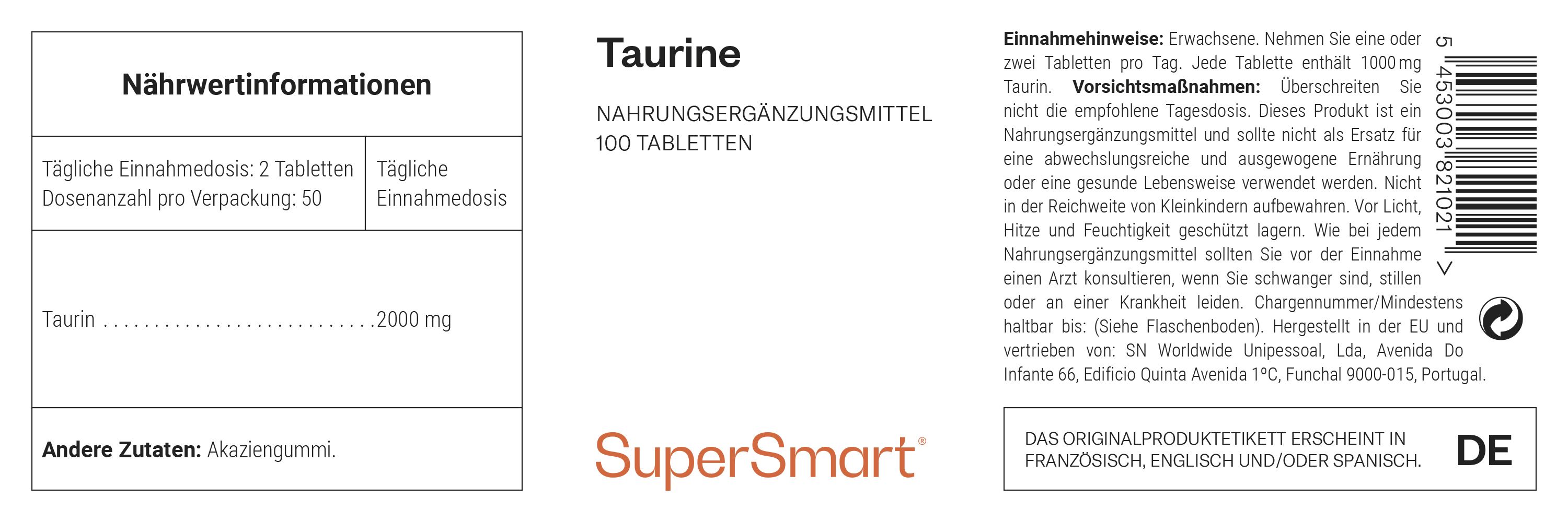 Nahrungsergänzungsmittel Taurin, 100 Tabletten. SuperSmart-Marke. Enthält Akaziengummi. Text in Deutsch. Informationen zur Dosierung.