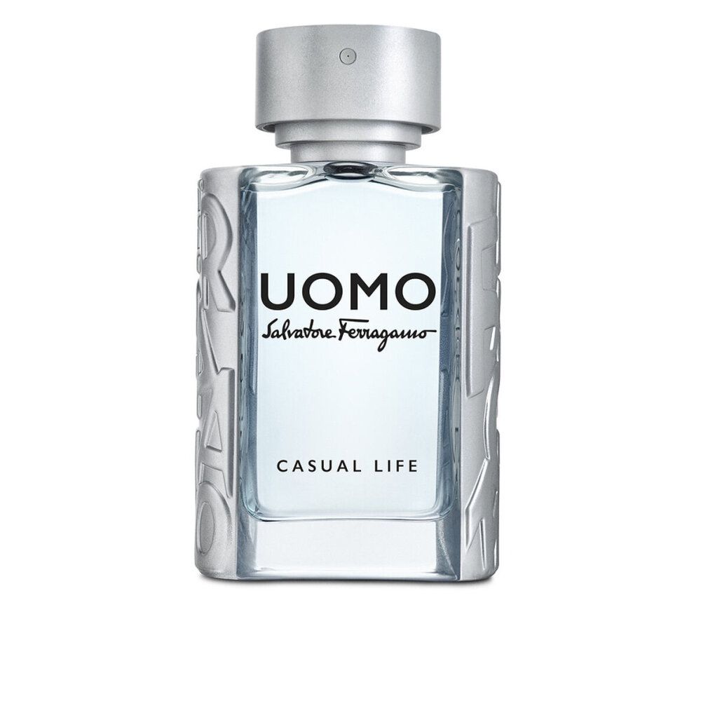 Hellblaues Parfümflakon mit silbernem Deckel. Aufschrift: UOMO, Salvatore Ferragamo, Casual Life.