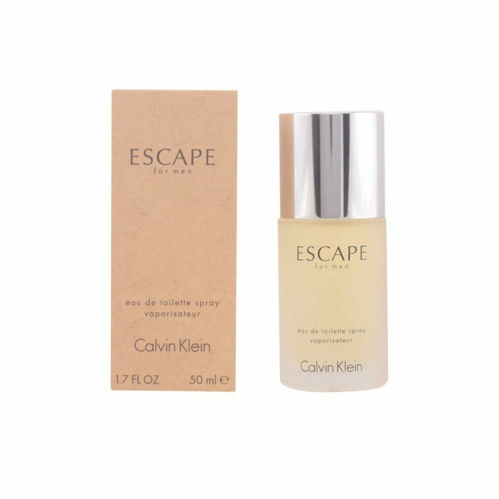 Flakon und Verpackung. Aufschrift: ESCAPE for men, eau de toilette spray, Calvin Klein, 1.7 FL OZ 50 ml e.