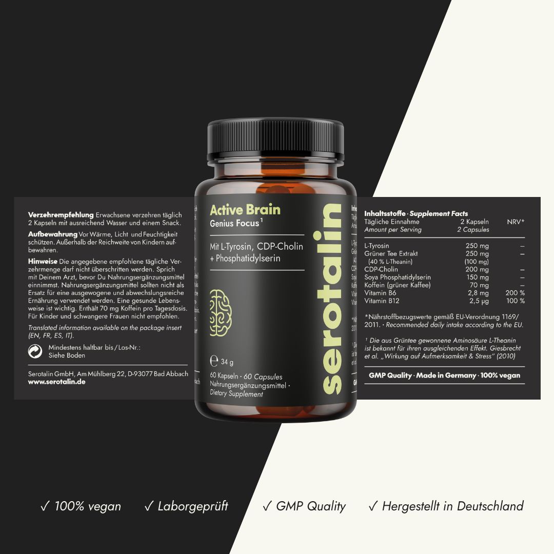 serotalin Active Brain Genius Focus | Konzentration & Fokus Booster | L-Tyrosin, CDP-Cholin, B6, B12