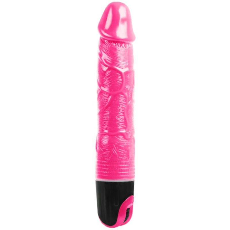 Pinkfarbener Vibrator mit schwarzem Griff. Oberflächenstruktur.