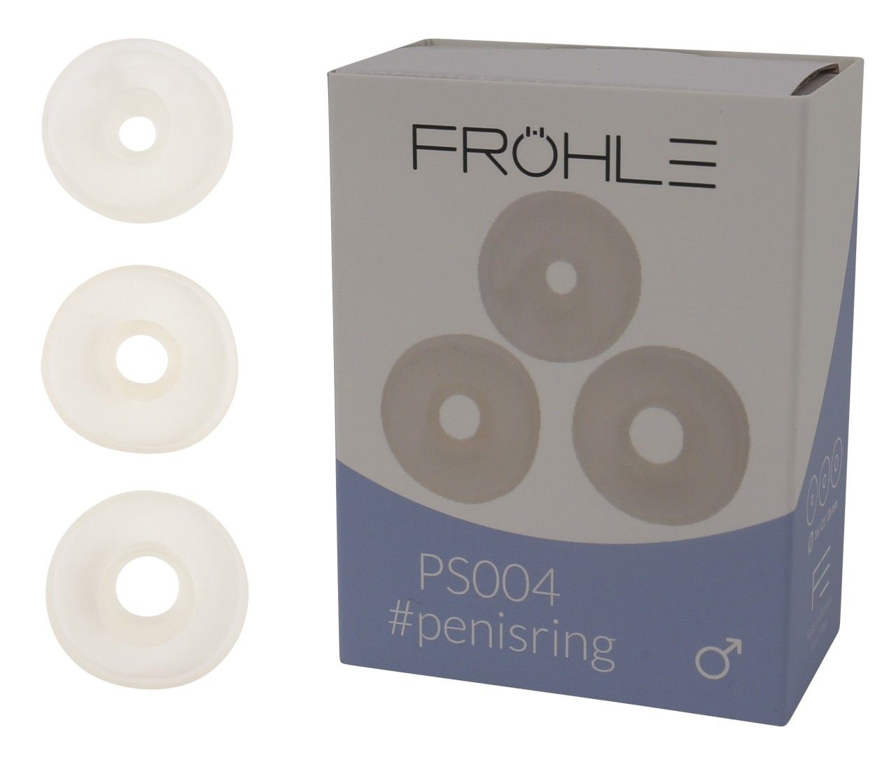 Drei Ringe neben Produktverpackung. Verpackung: FRÖHLE, PS004, #penisring. Männliches Symbol.