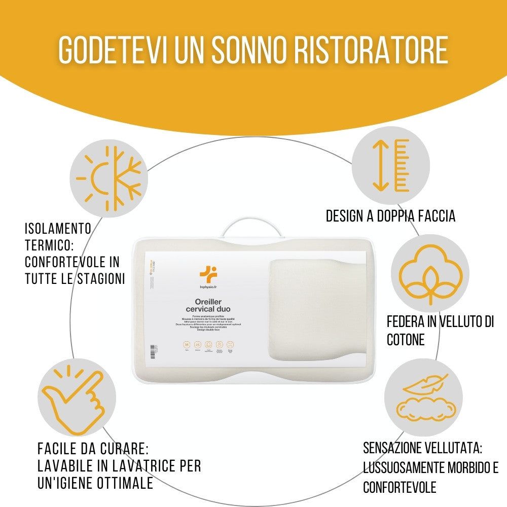 Immagine pubblicitaria: donna che dorme sulla schiena con cuscino. Testo.
