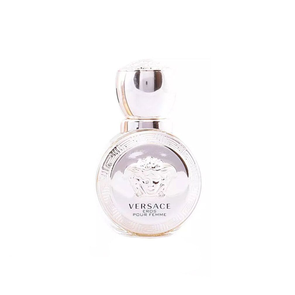 Runder Flakon mit silbernem Deckel. Aufschrift: VERSACE EROS POUR FEMME. Silbernes Design mit Medusa-Logo.