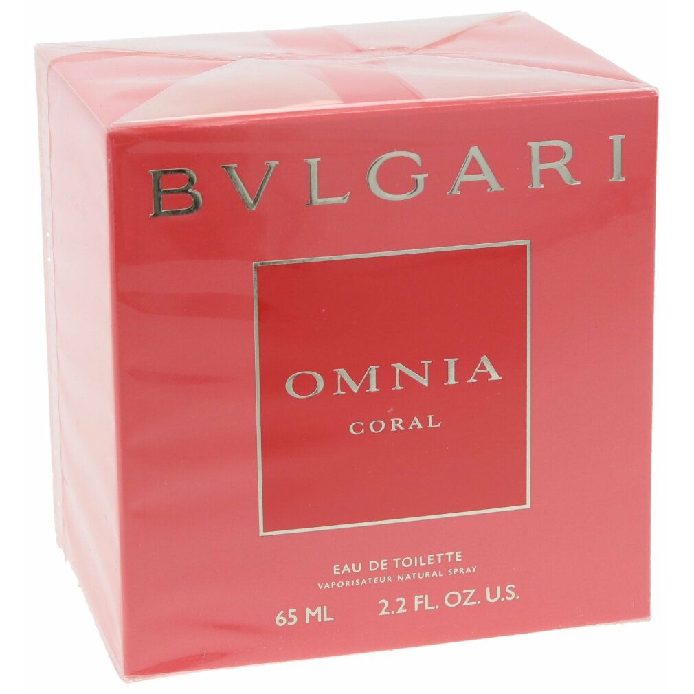 Rosa Verpackung mit BVLGARI, OMNIA CORAL, Eau de Toilette. 65 ml, 2.2 FL. OZ. U.S. Aufschrift.