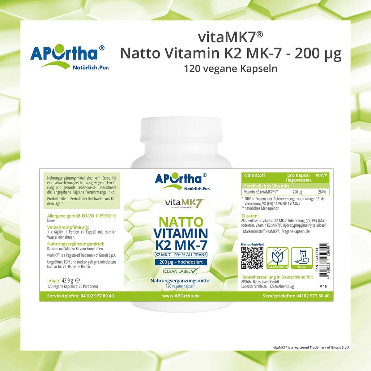 Weiße Flasche mit Etikett. Enthält Informationen zu Vitamin K2 MK-7 Kapseln und Nährwertangaben.