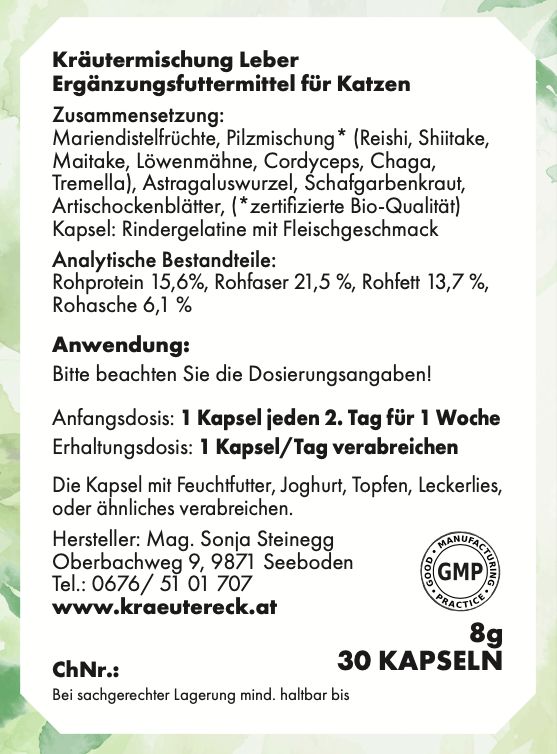 Rückseite der Verpackung mit Text. Enthält Informationen zur Zusammensetzung, Anwendung und Hersteller. GMP-Siegel und Angabe "30 Kapseln".
