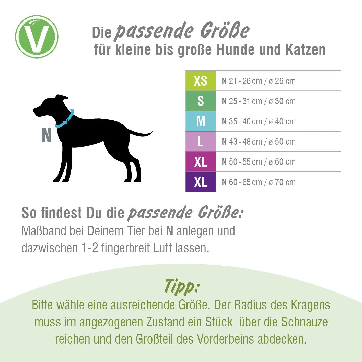Größentabelle für Leckschutzkragen. Größen XS-XXL, Durchmesser in cm. Text: So findest Du die passende Größe. Tipp: Größe wählen.