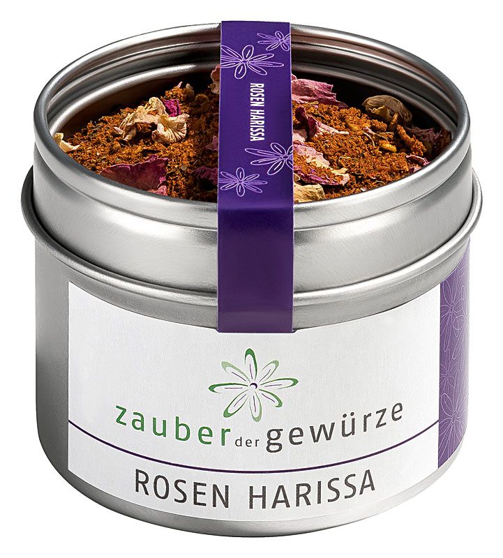 Metallbehälter mit Zauber der Gewürze Rosen Harissa. Etikett mit Produktname und Logo. Lila Band mit Produktname.