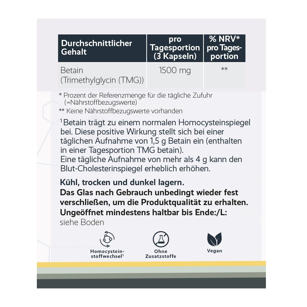 Etikett mit Nährwertangaben: Betain (Trimethylglycin). Text: "Ohne Zusatzstoffe", "Vegan".