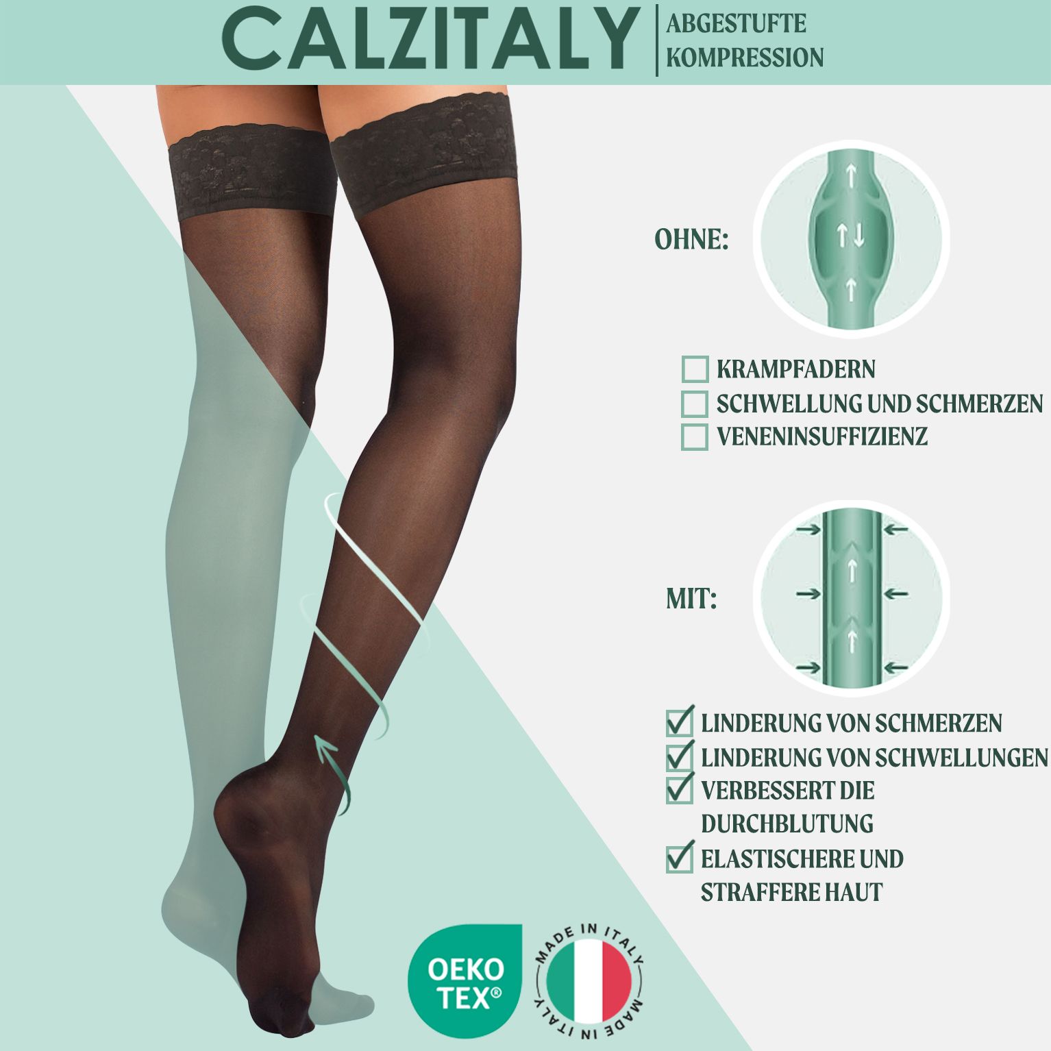 CALZITALY Strümpfe mit abgestufter Kompression. Vorteile: Schmerzlinderung, Schwellungsreduktion, verbesserte Durchblutung.