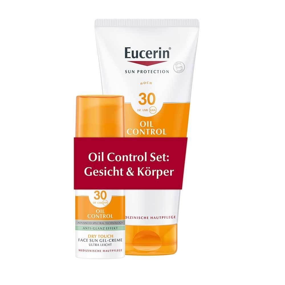 Set mit zwei Sonnenschutzprodukten. Aufschrift: Eucerin, Sun Protection, Oil Control, LSF 30. Rote Aufschrift: Oil Control Set: Gesicht & Körper.